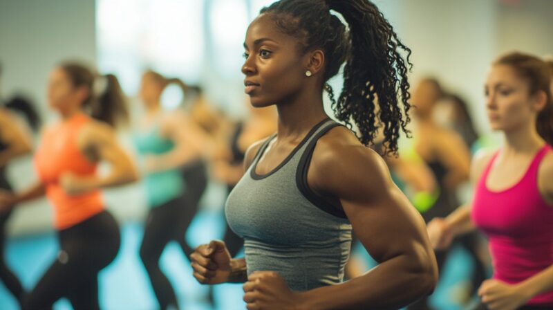 A strong woman in a gray sports bra and black leggings performing a high-intensity workout in a fitness class with other participants