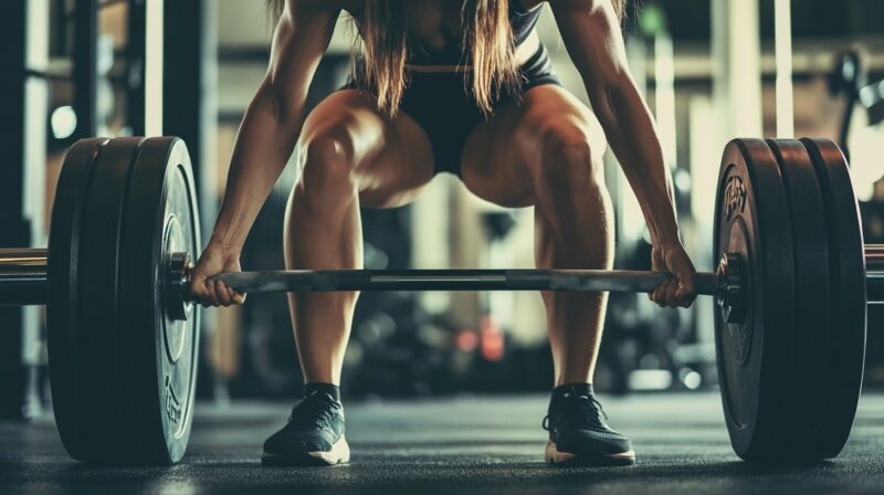 A strong woman in a gym performing a heavy deadlift with loaded weights, showcasing powerful leg and arm muscles