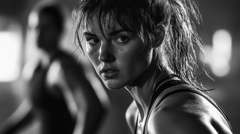 A focused and determined woman with sweat on her face, captured in black and white during an intense workout session