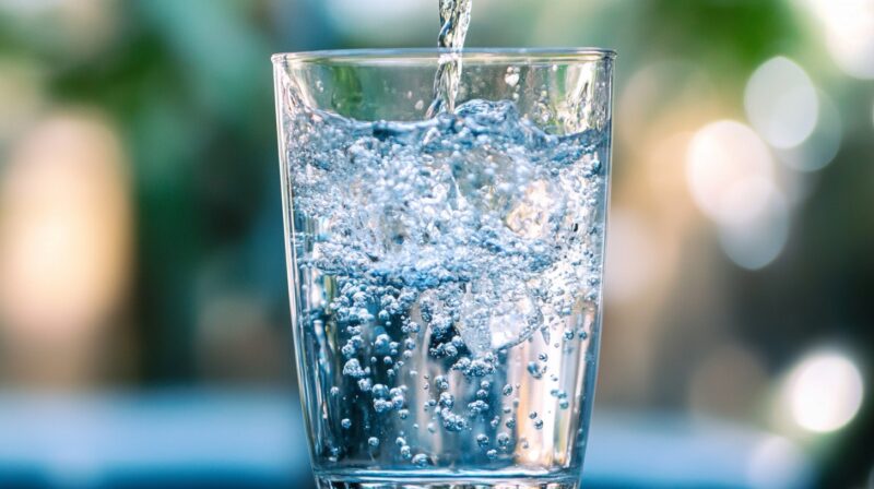 A close-up of a glass being filled with water, with bubbles rising to the surface, set against a blurred outdoor background