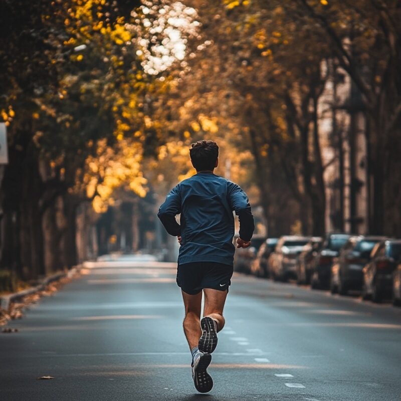 A man jogging down a tree-lined street during autumn, surrounded by golden leaves