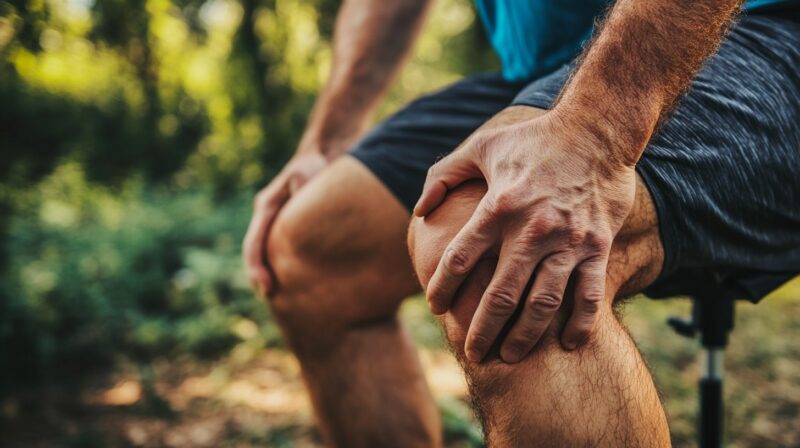 Close-up of a runner holding their knee in discomfort, likely experiencing pain or injury outdoors