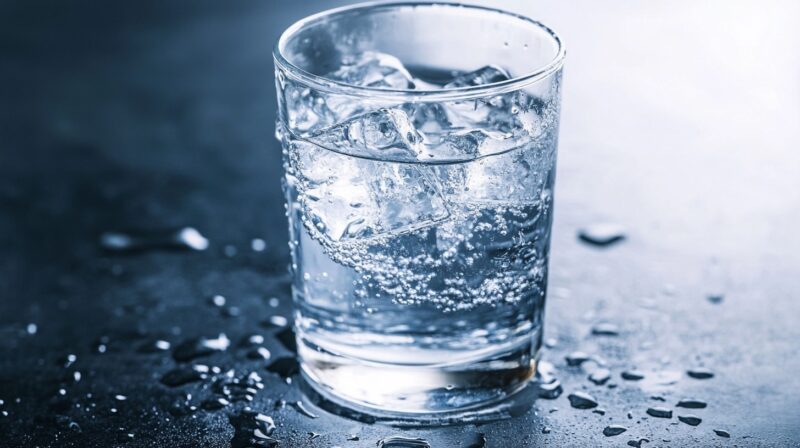 A glass of cold sparkling water with ice cubes on a wet surface