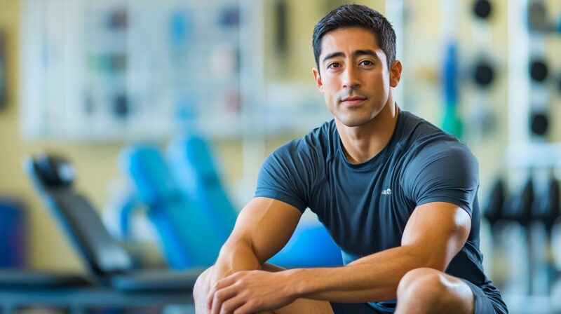 A fit man in athletic wear sits in a gym, looking confident and relaxed, with workout equipment in the background