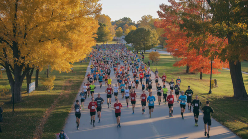 A large crowd of runners participating in a marathon on a scenic tree-lined road during autumn