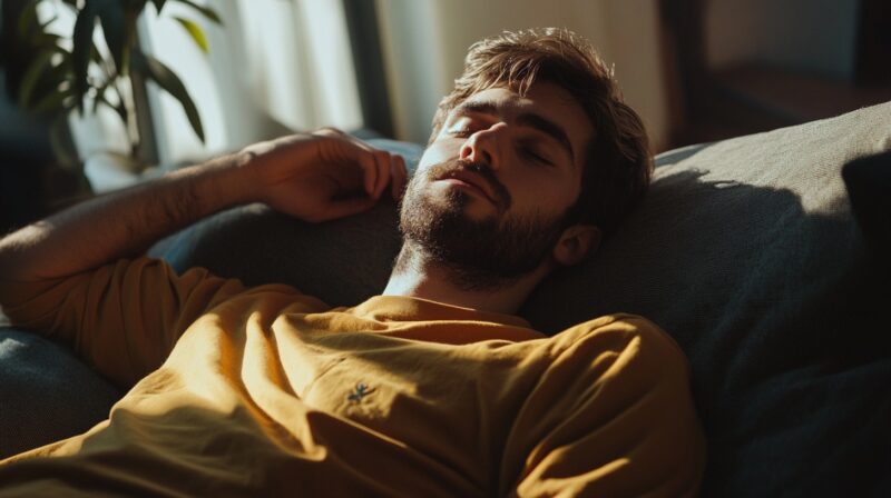 Man in a yellow sweater resting on a couch with sunlight streaming in