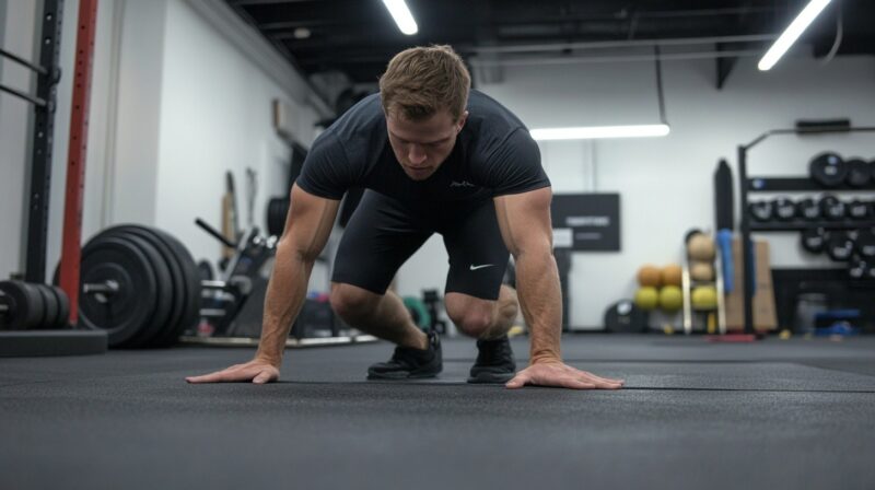 Man in athletic wear preparing to sprint in a gym, positioned in a starting stance