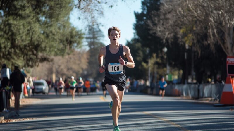 A determined runner in a black tank top competing in a half marathon on a tree-lined street